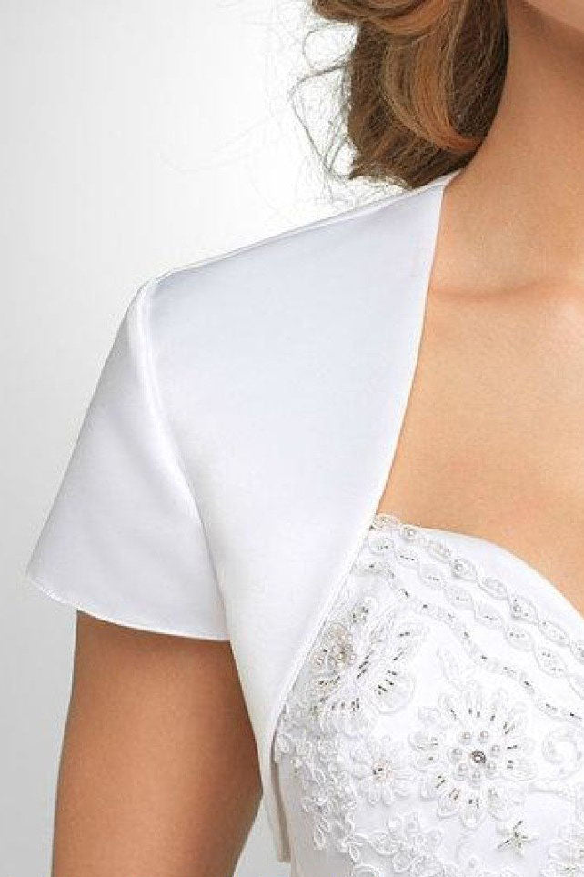 White Short Sleeve Satin Weeding Jacket  Bridal Jacket JK010