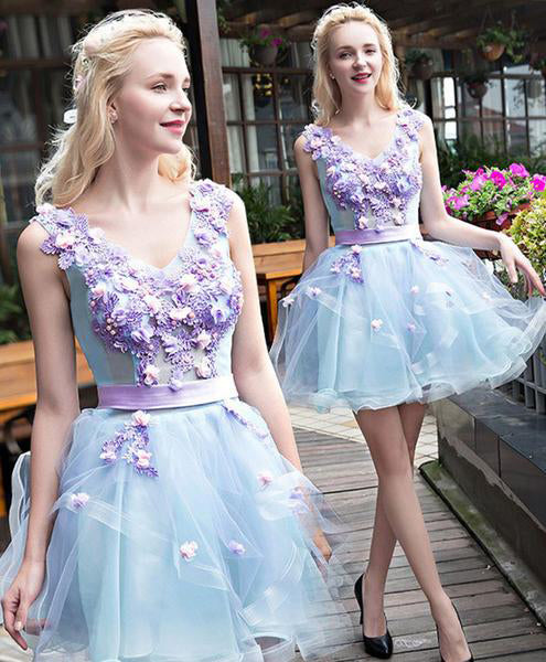 Light Blue Tulle Short Homecoming Dresses with Lilac Appliques