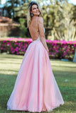 Pink Spaghetti Strap Beading Tulle Prom Dresses Sexy Backless Long Evening Dresses N1573