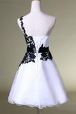 One Shoulder Strapless Black and White Short Homecoming Dresses