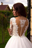Boho Puffy Tulle Bridal Dresses with Lace Long Sleeves Sheer Neck Ivory Wedding Dresses N1269