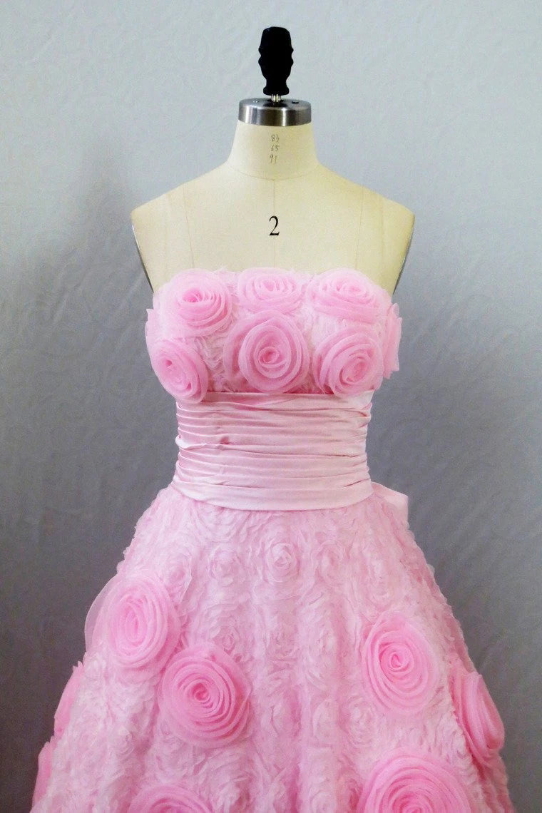 Strapless A Line Prom Dresses with Flowers Unique Pink Sweep Train Party Dresses N2615