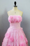 Strapless A Line Prom Dresses with Flowers Unique Pink Sweep Train Party Dresses N2615