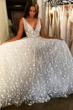 Glitter V-Neck Sleeveless Star Lace Prom Dresses