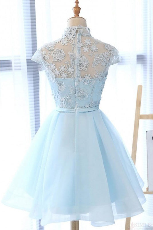 A Line High Neck Cap Sleeves Organza Homecoming Dresses with Bowknot ...