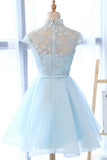 A Line High Neck Cap Sleeves Organza Homecoming Dresses with Bowknot N1018