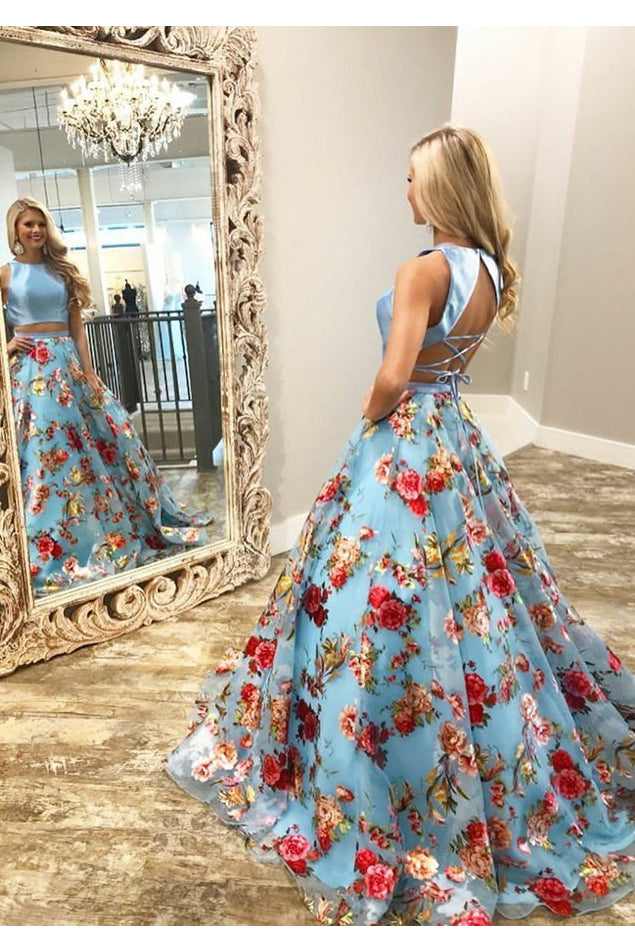 Two Piece Crew Open Back Sweep Train Light Blue Sleeveless Lace Prom Dresses N1061