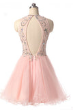 Pink Jewel Tulle Open Back Beading Sleeveless Homecoming Dresses