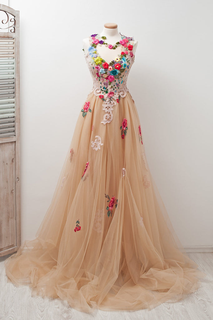 Champagne A-line Scoop Sleeveless Open Back Appliques Prom Dress with Hand-Made Flowers,N400