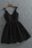 Cute Spaghetti Straps V Neck Black Lace Short Homecoming Dress,Mini Cocktail Dress,N370