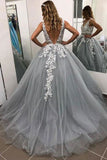 Puffy Gray V-Neck Appliqued Beading Tulle Long Prom Dresses