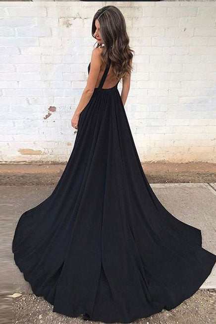 Sexy Deep V Neck Black Evening Dresses Simple Ruched Prom Dresses with Train N1424