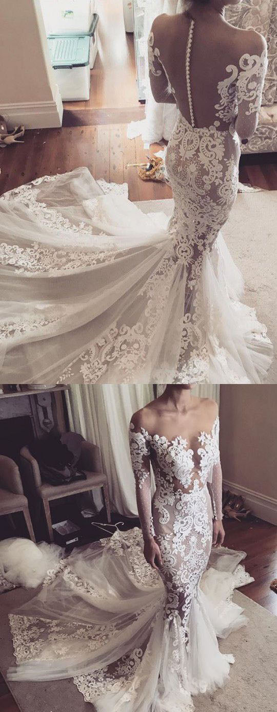 Mermaid Lace Appliques Long Sleeves Sheer Tulle Wedding Dresses