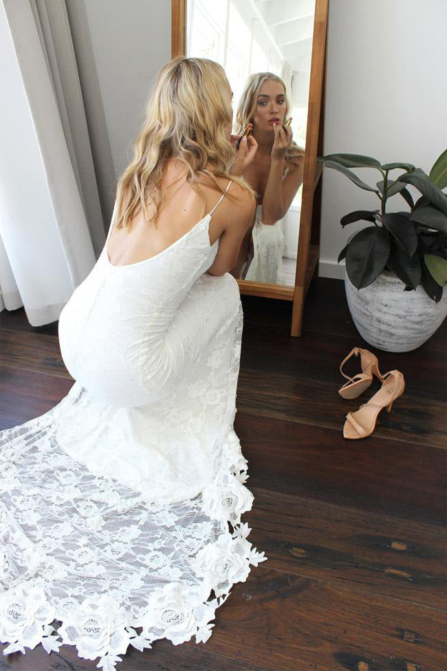 Spaghetti Straps Ivory Backless Lace Wedding Dress with Side Slit N945