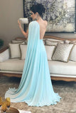 Light Blue One Shoulder Chiffon Pleats Sheer Illusion Back Prom Gown N825