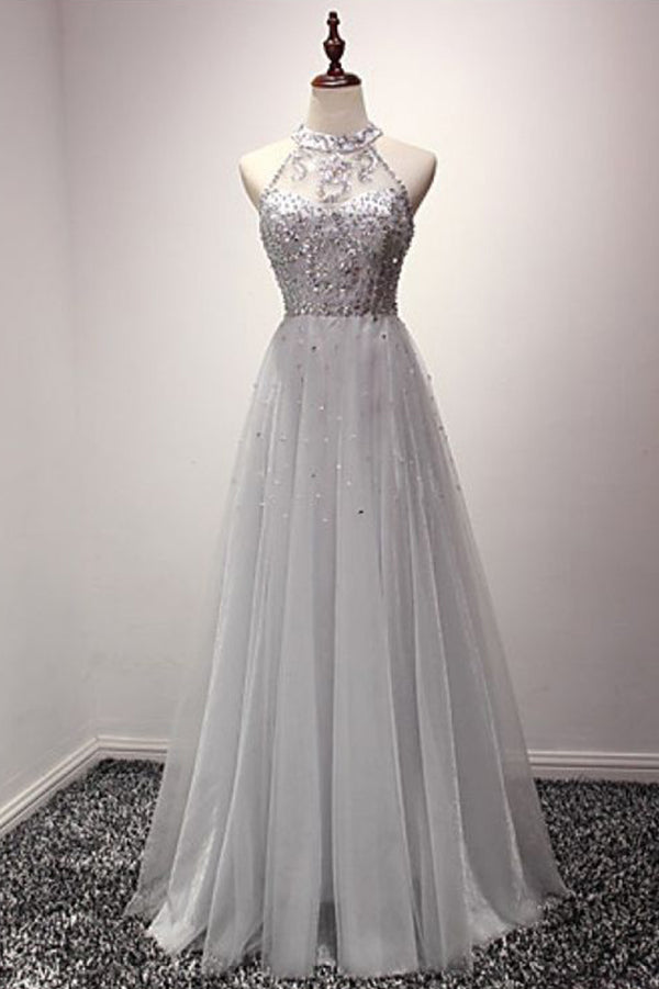 Cheap Silver A Line Jewel Sleeveless Organza Prom Dress with Sequins Crystals