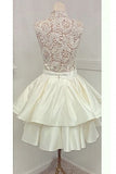 Ivory High Neck Satin Lace Homecoming Dresses N840