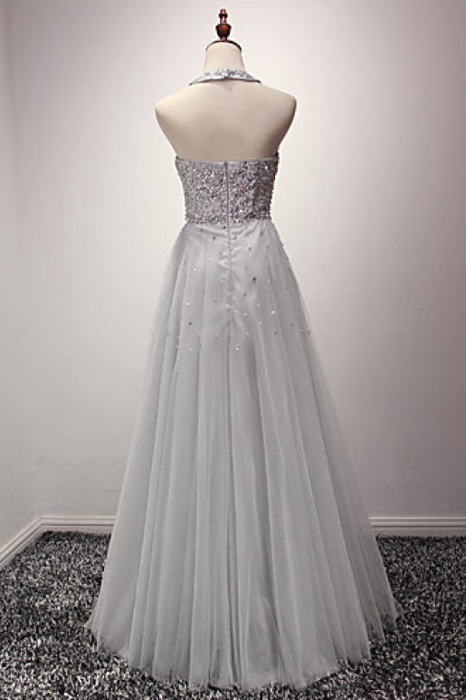 Silver A Line Jewel Sleeveless Organza Prom Dresses with Sequins Crystals N861