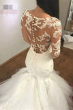 Mermaid Wedding Dresses with Long Sleeves V Neck Long Bridal Dresses with Lace Appliques N1436