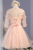 A Line Half Sleeves Tulle Homecoming Dresses with Flowers N1019