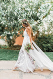 Boho Spaghetti Straps Wedding Dresses Long Lace Beach Wedding Gown N960