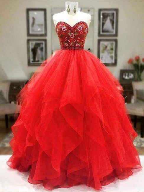 Red Sweetheart Embroidery Floor Length Prom Dresses Puffy Tulle Asymmetrical Prom Gown N1303