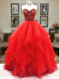 Red Sweetheart Embroidery Floor Length Prom Dresses Puffy Tulle Asymmetrical Prom Gown N1303