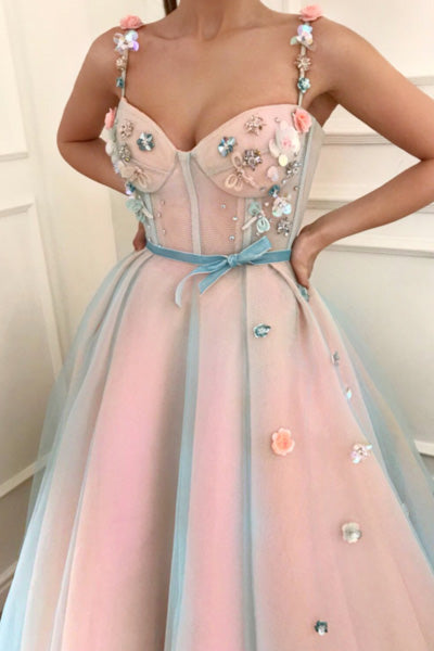 Princess Applique A Line Spaghetti Straps Tulle Charming Prom Dresses with Belt N1270