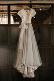 A Line Short Sleeve Lace and Tulle Silver Country Wedding Dresses with Sash N2252