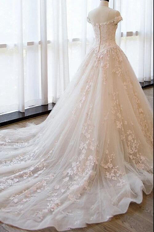 Ball Gown Off the Shoulder Lace Appliqued Wedding Dresses Ivory Bridal Dresses N2586