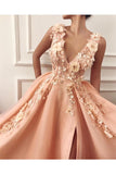 A-Line V-Neck Long Tulle Split Evening Gown Dresses with Flowers N1453
