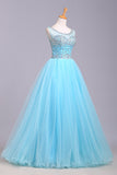 Blue Scoop Sleeveless Tulle Prom Dresses with Sequins Floor Length Puffy Evening Dresses N1196