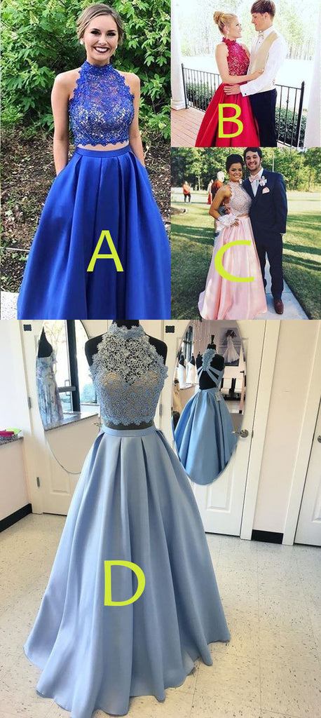 Two Piece Royal Blue High Neck Sleeveless Satin Floor Length Lace Prom Dresses N420