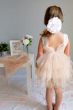 Knee Length Tulle Backless Scoop Sleeveless Tiered Flower Girl Dresses with Flowers