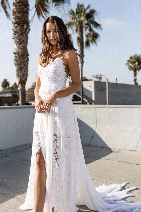 Bohemian Wedding Dresses, Cheap Spaghetti Straps Long Beach Wedding Gown