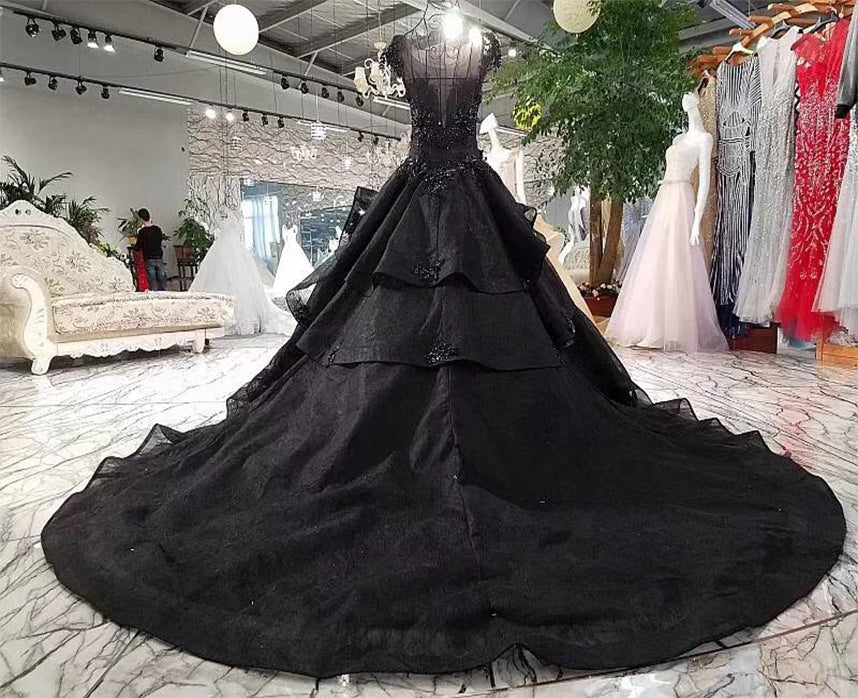 Gorgeous Cap Sleeves Beaded Black Ball Gown Wedding Dresses
