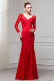 Red Long Sleeves V-Neck Mermaid Floor Length Evening Dresses with Lace N2330