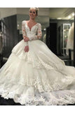 Ivory Deep V-Neck Long Sleeves Lace Appliques Chapel Train Tiered Wedding Dresses N2083