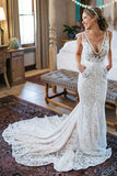 Mermaid Deep V-Neck Sleeveless Ruched Lace Beach Wedding Dresses