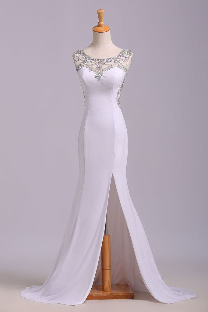 White Mermaid Sleeveless Split Prom Dress with Sequins, Sweep Train Dress with Rhinestones N1207
