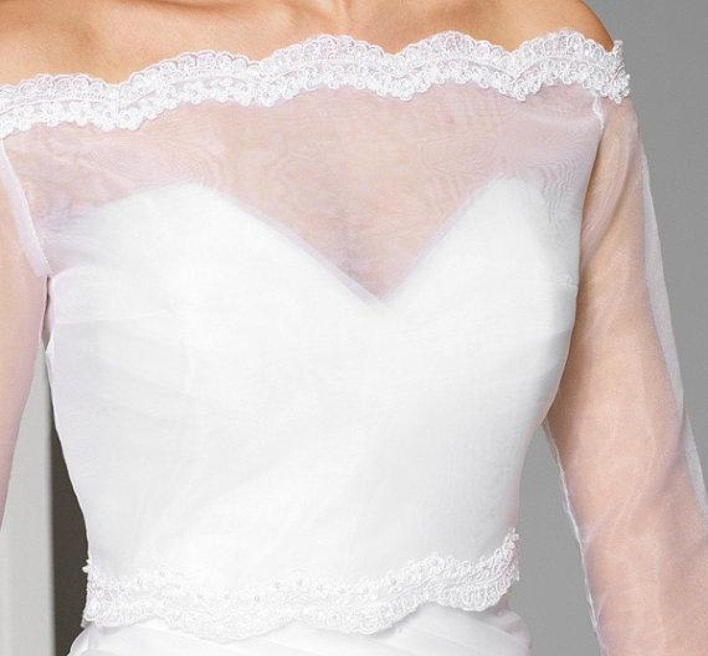Off the Shoulder Sheer Organza 3/4 Sleeve Bridal Cape Scalloped Lace Top JK013
