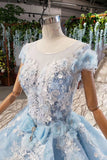 Light Sky Blue Gorgeous Prom Dresses with Flowers Ball Gown Quinceanera Dresses with Beads N2197
