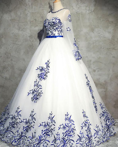 Ivory Long Sleeve Tulle Prom Dresses with Appliques Puffy Appliqued Long Evening Dresses N1171