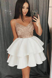 A Line Spaghetti Strap Ivory Tiered Homecoming Dresses with Appliques N1112