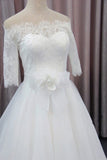 A Line 3/4 Sleeves Tulle Wedding Dresses with Flowers Fluffy Off Shoulder Bridal Dresses with Lace N963