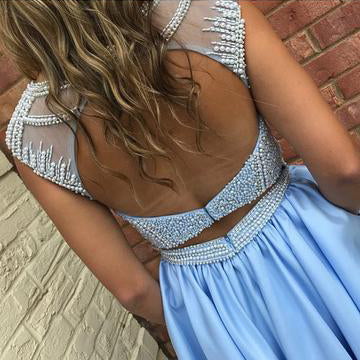 Ice Blue Beading Satin Sleeveless Open Back Homecoming Dress Sparkly Prom Gown with Pockets