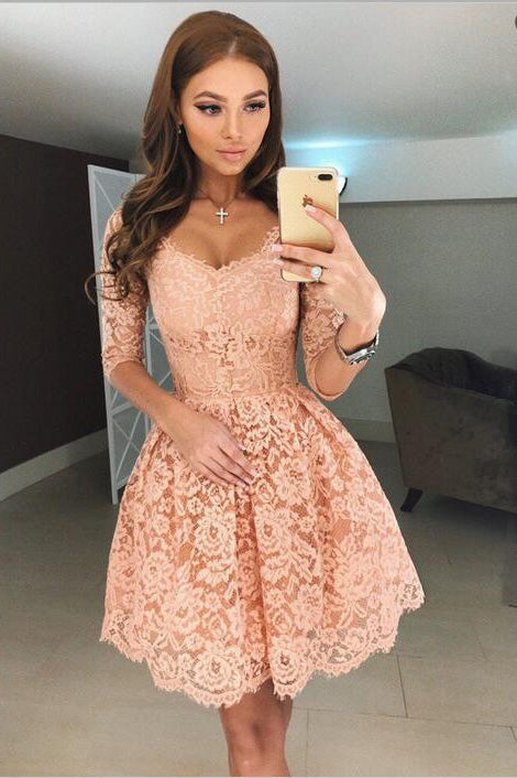 Sexy A-Line Half Sleeves Short Apricot Lace Homecoming Dress,Lace Graduation Dress,N301