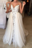 Ivory Sheer Neck Lace Appliqued Tulle Wedding Dresses