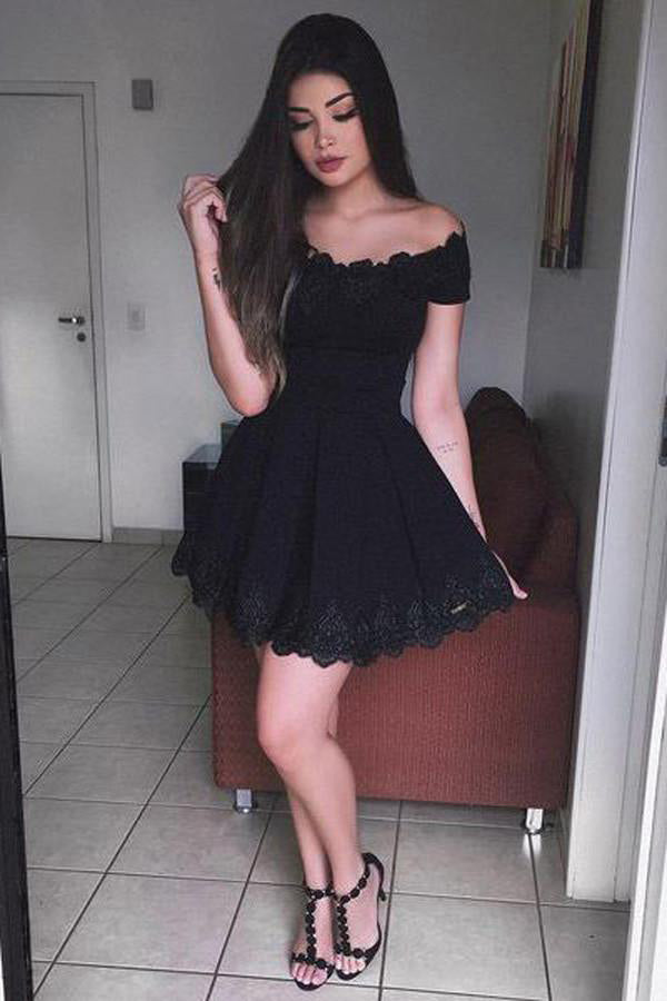 Black Off-the-shoulder Lace Homecoming Dress,Short Prom Dress for Teens,Mini Grad Dresses,N327