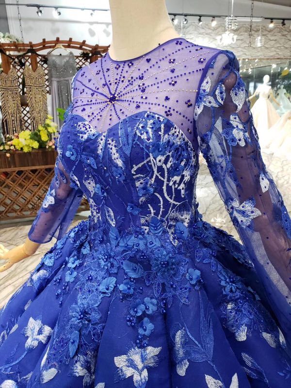 Blue Ball Gown Floral Prom Dresses with Long Sleeves Appliqued Long Quinceanera Dresses N1638